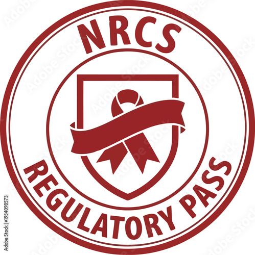 Red circular stamp with NRCS regulatory pass logo featuring shield and ribbon for compliance