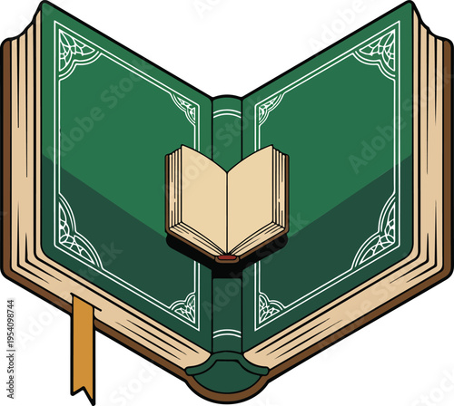 Open holy Quran book with green cover and gold patterns for Ramadan Kareem and Islamic religious celebration vector.