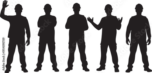 Five stylized silhouette construction workers in various poses silhouettes hard hats 1