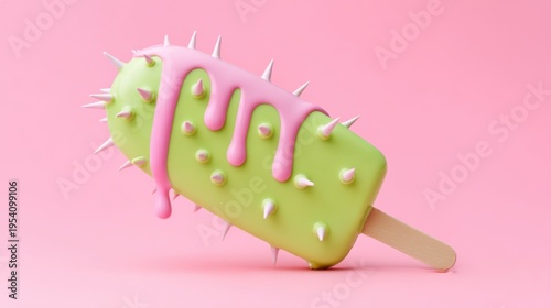 surreal popsicle shaped like a cactus with edible spikes, dripping pink and green glaze, studio background, playful and bizarre food, high detail