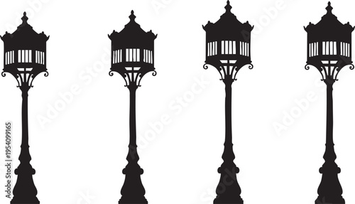 Four black vintage style street lamps on white background vintage street lamps black silhouettes