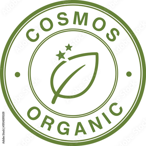 Cosmos organic certified seal emblem stamp green color leaf and stars emblem on transparent background symbol