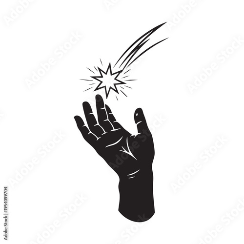 Black silhouette open hand reaching up towards a falling star or comet with trails symbolizing wishes dreams aspirations opportunity