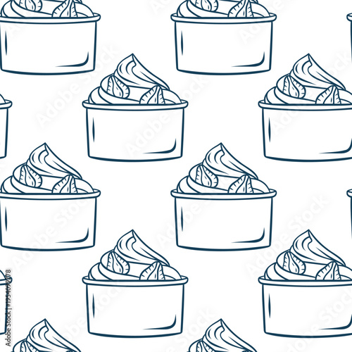 Mediterranean blue line doodle pattern with bowls of strawberry ice cream. Minimalist repeat for gelato shops or summer menus