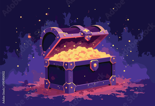 flat illustration mysterious, glowing treasure chest, but instead gold, it is overflowing glowing digital data nodes upward arrows Digital wealth concept Vibrant gradients
