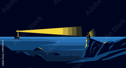 Man Sitting on Cliff Watching Lighthouse Beam at Night, Symbol of Guidance and Hope Illustration