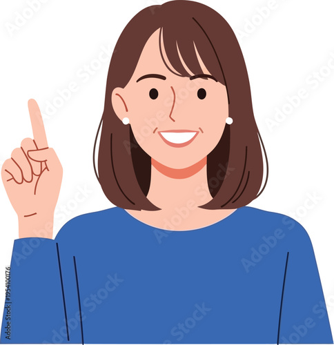 Smiling woman pointing finger up having creative idea or recommendation