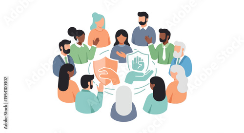 Diverse Community Protecting Rights and Providing Support. Group Discussing Social Security, Insurance, and Collective Care.