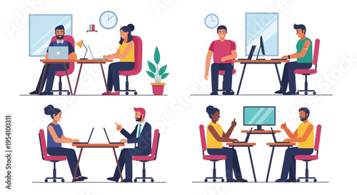 Diverse People Working in Modern Office Set. Professionals Collaborating, Focused on Laptops & Computers. Productivity & Digital Workplace Illustration.