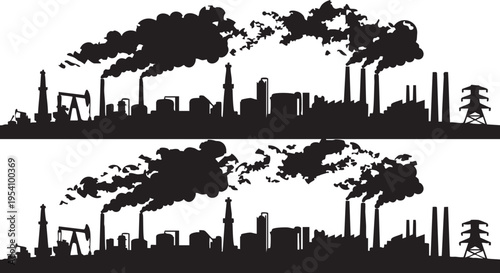 Industrial city skyline with smokestacks and pollution