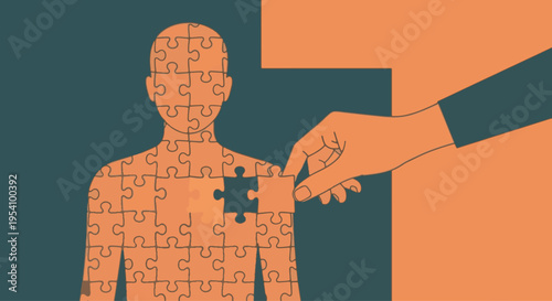 Mental health support concept with hand completing human puzzle for psychological wellness