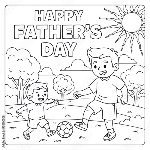 Happy father's day coloring page silhouette father and child playing soccer
