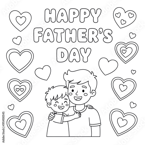 Happy father's day coloring page with silhouette of loving dad and child surrounded by hearts