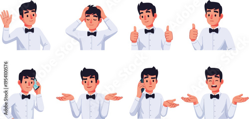 Young male waiter character set with different hand gestures and facial expressions in white shirt