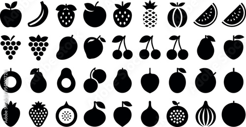 This image features a comprehensive set of black fruit silhouette icons. The grid includes popular items like apples, bananas, strawberries, and pineapples.