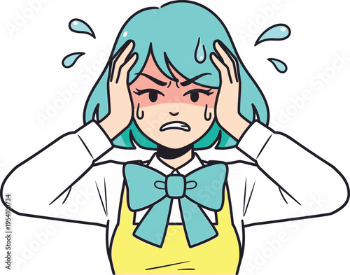 Frustrated young woman holding head in stress and anger with sweat drops and angry facial expression cartoon illustration