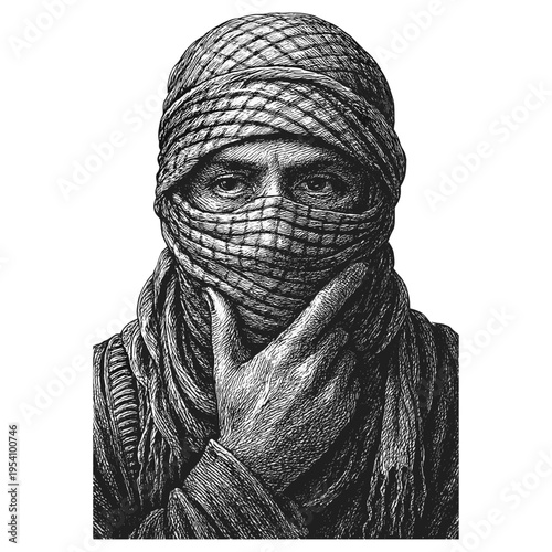 Mystery man portrait with keffiyeh engraving illustration. Scratchboard imitation. Black and white image. flat vector