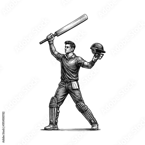 Cricket batsman celebrating after century engraving illustration. Scratchboard imitation. Black and white image. flat vector