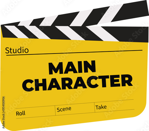 Yellow Movie Clapperboard with Main Character Text, Cinema Slate for Film Production, Hollywood Studio Board Vector Illustration isolated on white