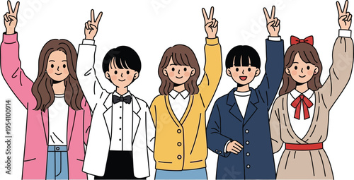 Group of five people cheering and holding up victory signs