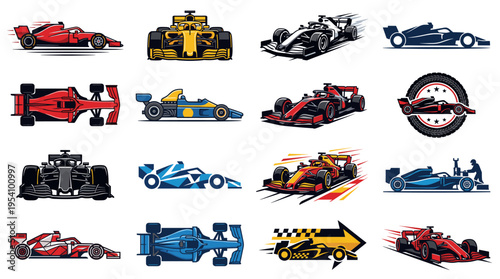 Collection of stylized Formula 1 race cars in various colors and perspectives.