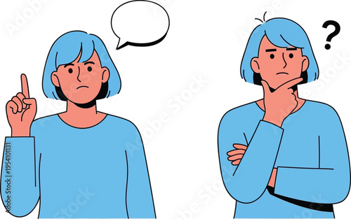 Two women thinking and questioning with speech bubble and question mark icons