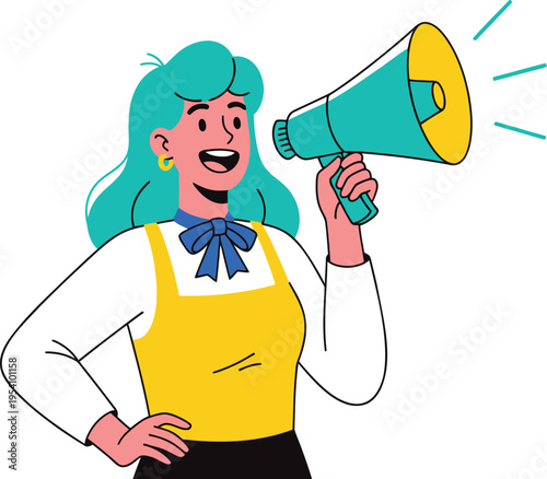 Woman holding megaphone announcing something loudly with sound waves coming out