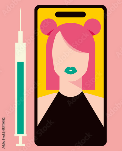 Aesthetic medicine concept with smartphone, female face, lip augmentation and dermal filler