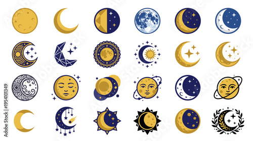 Collection of moon phases and celestial bodies depicted in various stylized illustrations and designs.