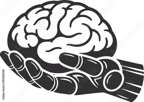 Robotic Hand Holding Human Brain Representing Artificial Intelligence Control and Data Power Concept Silhouette Isolated on White Background