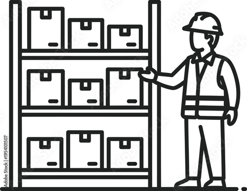 Male warehouse worker checking inventory on metal shelving units with cardboard boxes in industrial storehouse storage facility