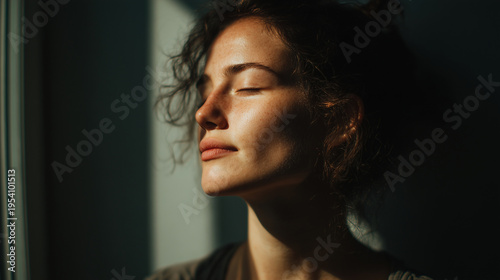 Woman standing by window with closed eyes, sunlight on face, serene expression, calm, mental health, loneliness, peaceful, reflection