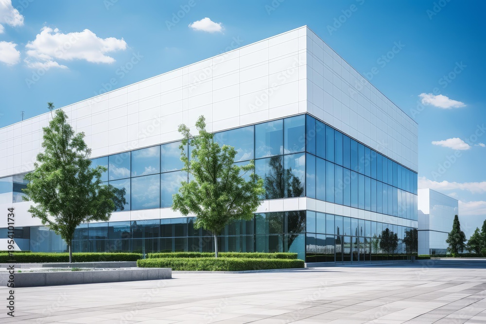 Obraz premium Modern office building featuring a glass facade and reflective windows under a clear sky