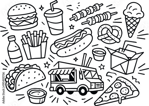 Fast food and street food hand drawn doodle set with food truck and snacks