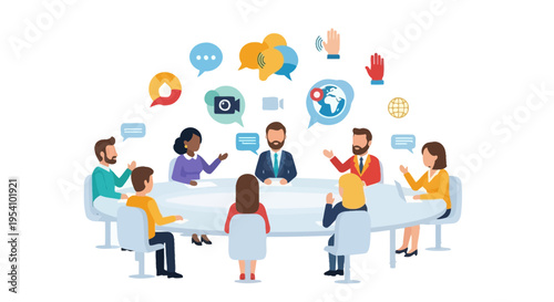 Global Business Meeting & Diverse Team Collaboration. Communication and Discussion with Technology Icons. Corporate Strategy & Brainstorming Session.