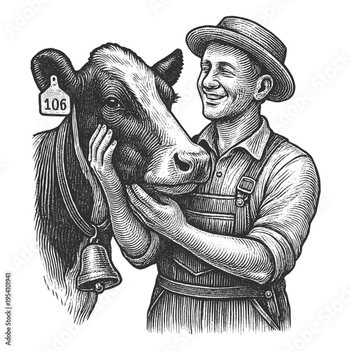 Happy Farmer Holding Dairy Cow engraving illustration. Scratchboard imitation. Black and white image. flat vector