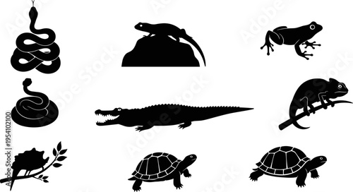 Black reptile and amphibian silhouette collection featuring snake, crocodile, turtle, frog, lizard, and chameleon icons isolated on white background for nature wildlife graphic design vector elements.