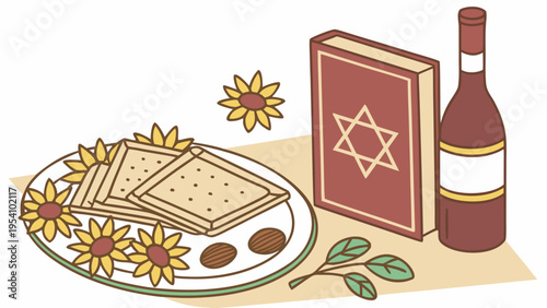 Vector illustration of Passover Seder plate with wine, book, and flowers