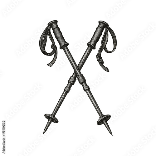 Crossed Trekking Poles – Outdoor Hiking Equipment engraving illustration. Scratchboard imitation. Black and white image. flat vector