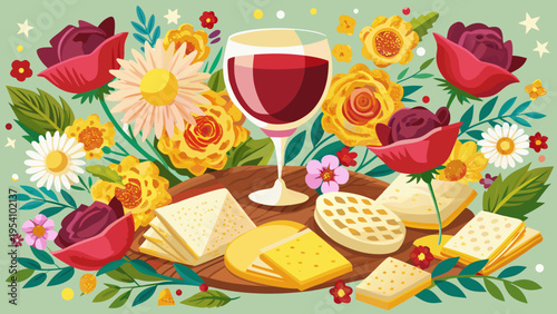 Vector illustration of wine, cheese, and flowers on a wooden board