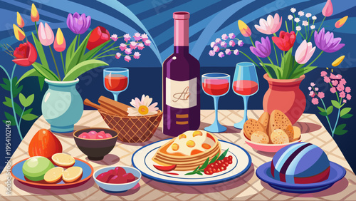 Vector illustration of a set table with food, wine, and flowers for a festive meal