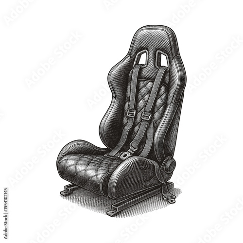 Racing Car Seat with Harness – Detailed Automotive Interior Engraving Illustration. Scratchboard imitation. Black and white image. flat vector
