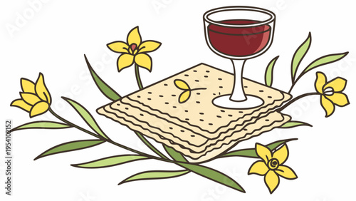 Vector illustration of wine glass and matzah with flowers for Passover
