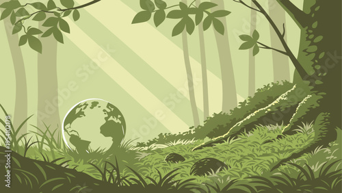 Vector illustration of a green forest with globe, environmental concept