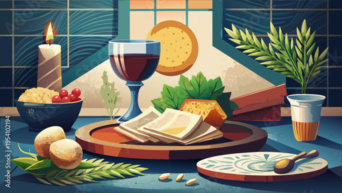 Vector illustration of a Passover Seder table setting with traditional Jewish holiday elements