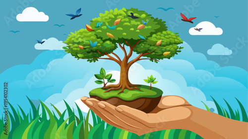 Vector illustration of tree on hand with eco-friendly background
