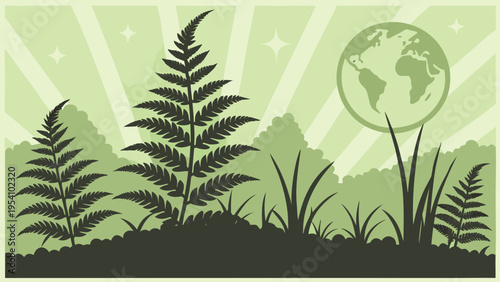 Vector illustration of green landscape with ferns and globe