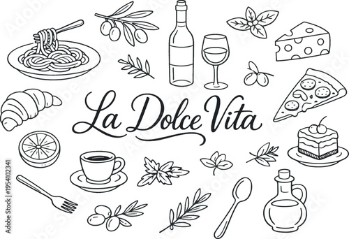 La Dolce Vita Italian food collection with hand drawn pizza pasta and wine doodles