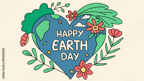 Vector illustration of Happy Earth Day with heart globe and flowers