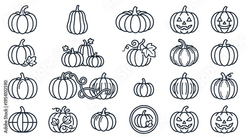 A collection of outlined pumpkins, some with carved faces, arranged in a grid.